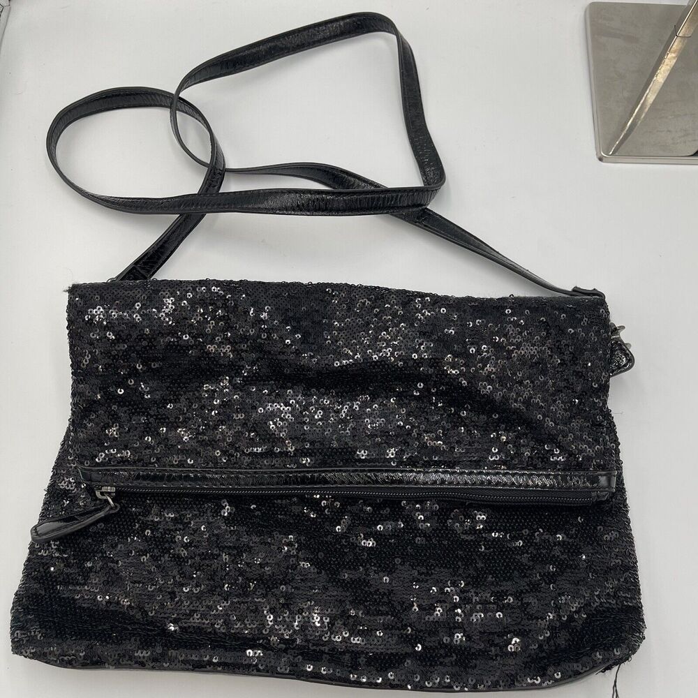 Vintage Y2k Cosmopolitan Allover Black Sequin Purse Foldover Evening Bag Glam